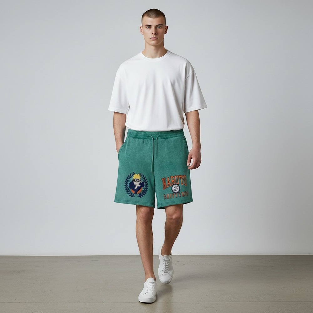 Naruto Shippuden Graphic Sweat Shorts Teal Green Mens Small Anime Streetwear